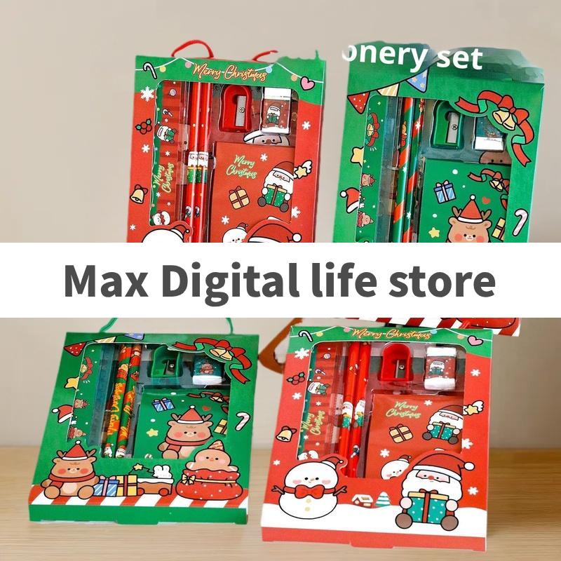 6Pcs/set Cartoon Christmas Pencil Sharpener Erasers Pencils Rulers Kawaii Children Stationery Set School Stationery Supplies