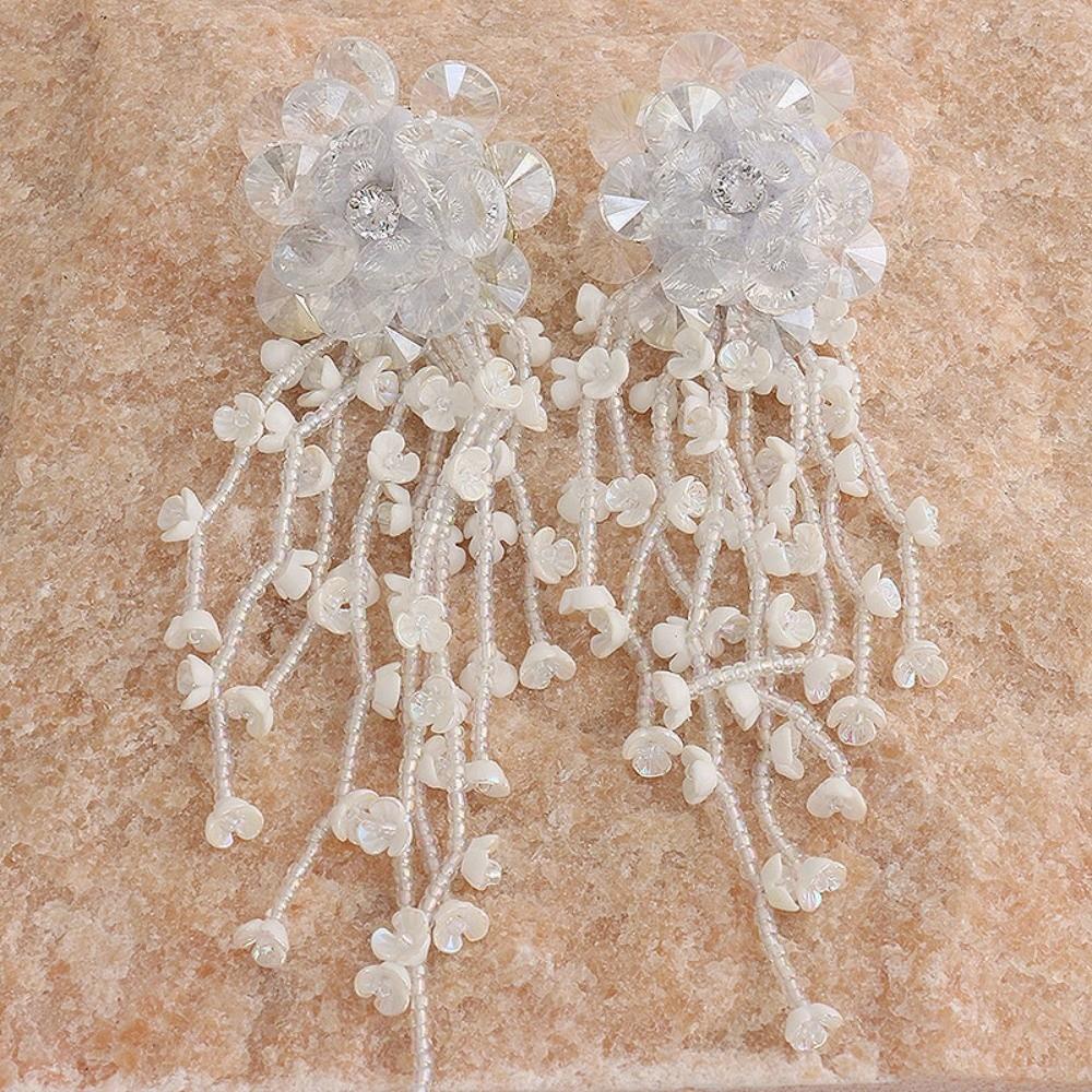 Rhinestone Floral Tassel Earrings Luxury Long Ear Drop Brilliant Crystal Beads Ear Drop  Party