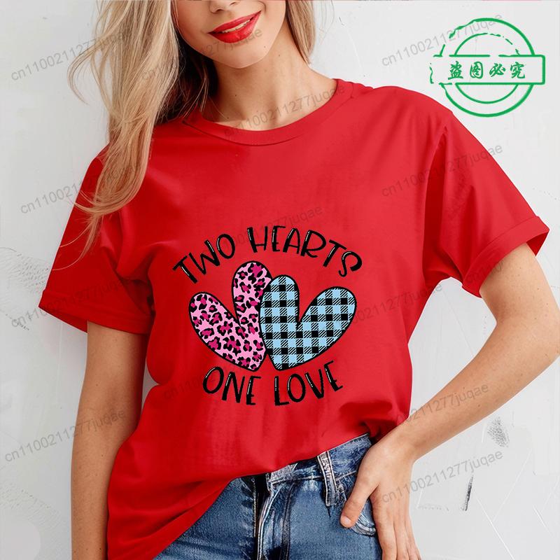 Valentine Heart Printed T Shirt for Women Leopard Heart T-shirt Girl Short Sleeve Crew Neck Casual Top for Summer Women Clothing