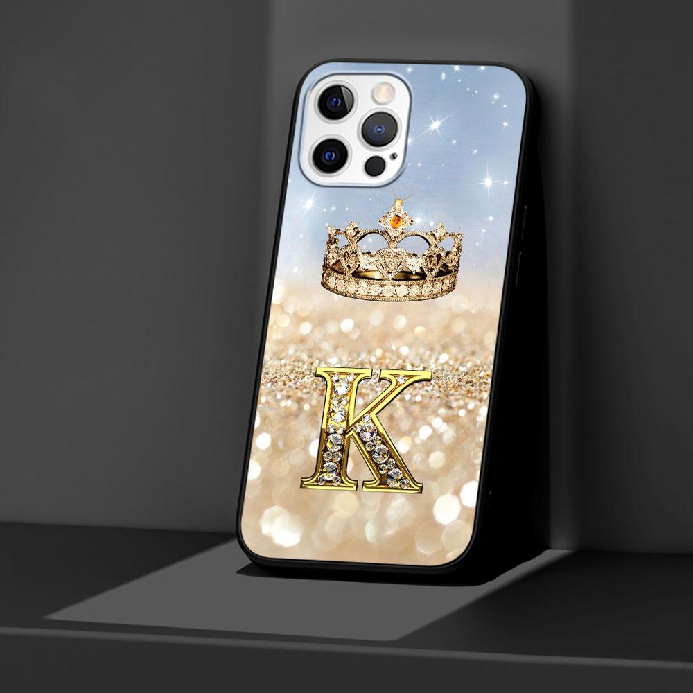 

Чехол с золотой короной и буквами K до T для Apple iPhone 11 14 13 15 Plus 12 Pro Max 7 8 XR X XS, черный мягкий чехол из ТПУ iPhone 14 Pro