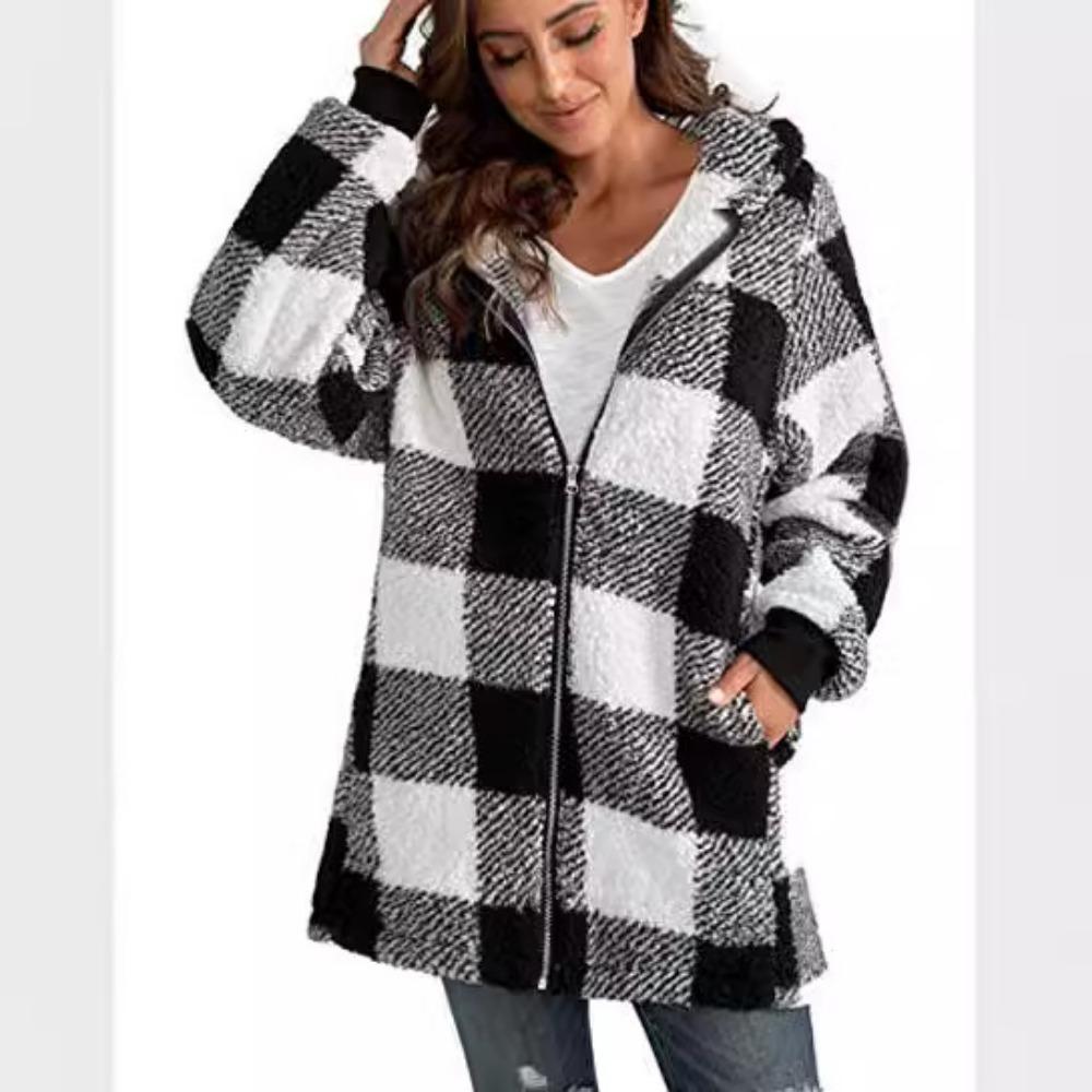 

Женская свободная куртка с длинными рукавами, в клетку, с капюшоном, на молнии и карманами 5XL