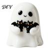 Small Ghost Statue for Garden Halloween Figurine, Cute White with Bats, Spooky Desk Decor Resin Ornament Home Mantel Tabletop Funny