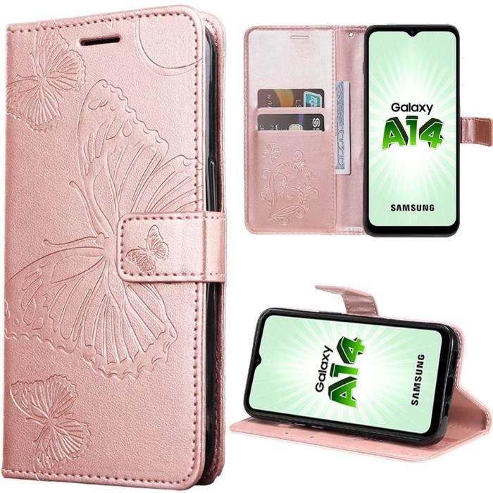 Coque - BOOLING - pour Samsung Galaxy A14 4G-5G - Protection Anti-Rayures - Motif Papillon - Cuir Synthétique