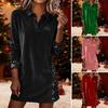 Women's Sparkly Shirt Dress Sequin Velvet Pachwork Long Sleeve V Neck Dress Casual Lapel Loose Evening Party Dress