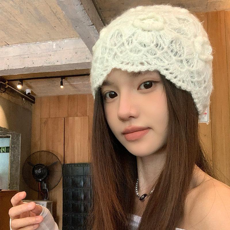 Japanische süße Spitze Hohlblumen Tasche Hut Damen Nische Literarisch und Modisch Vielseitig Handgefertigt Häkeln Gestrickter Hut