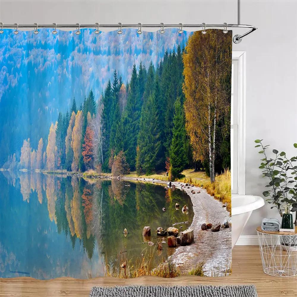 Beautiful Autumn Landscape Shower Curtain Forest Lake Fire Red Golden Leaves Nature Landscape Fabric Bath Curtain Bathroom Decor