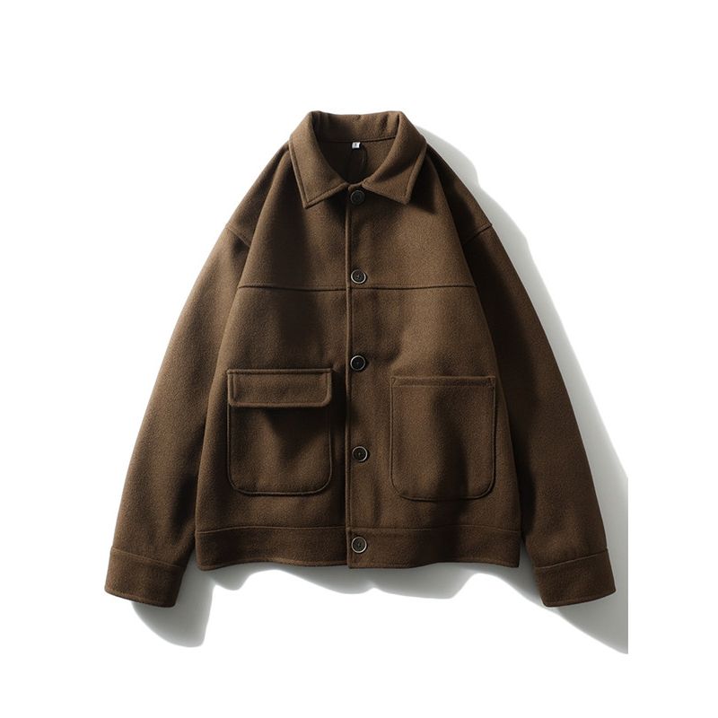 Maillard Wear Brown Short Woolen Jacket Men's Spring and Autumn Lapel Foreign Trade Men's Fleece Blended Top