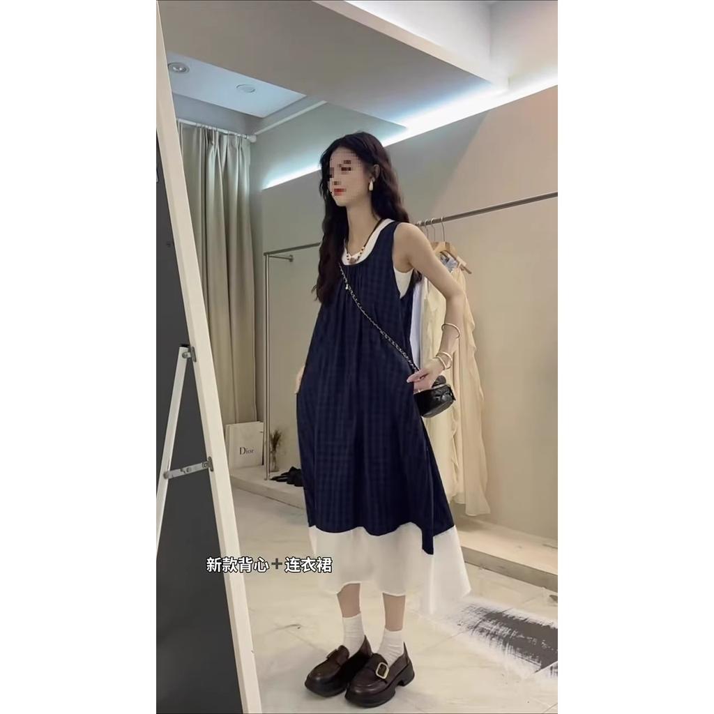 Blue Plaid Sleeveless Dress French Literary Style Mori Retro Small Fresh Holiday Suspender Vest Long Dress