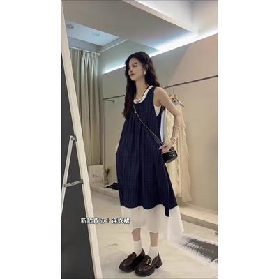 Blue Plaid Sleeveless Dress French Literary Style Mori Retro Small Fresh Holiday Suspender Vest Long Dress