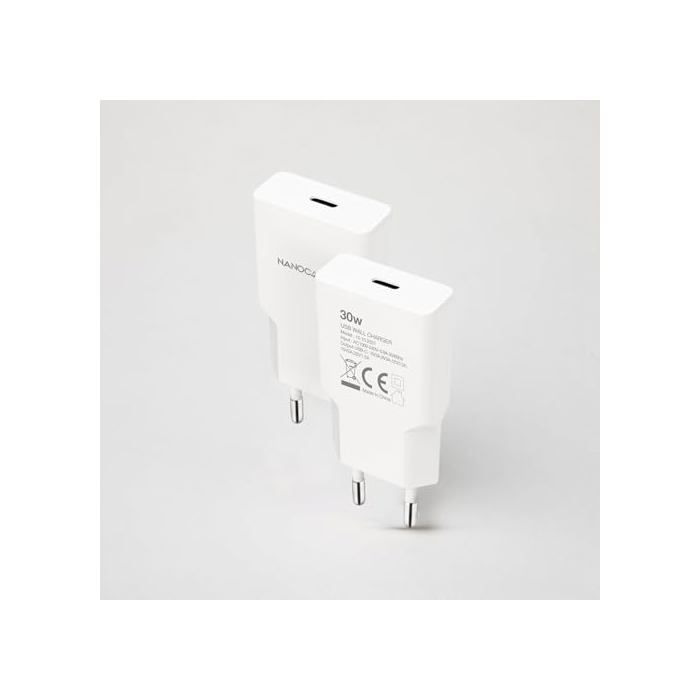 Chargeur USB-C 30W - Nano Cable - Charge rapide - Blanc - 81x36x15 mm - Compatible iPhone, Samsung, Xiaomi