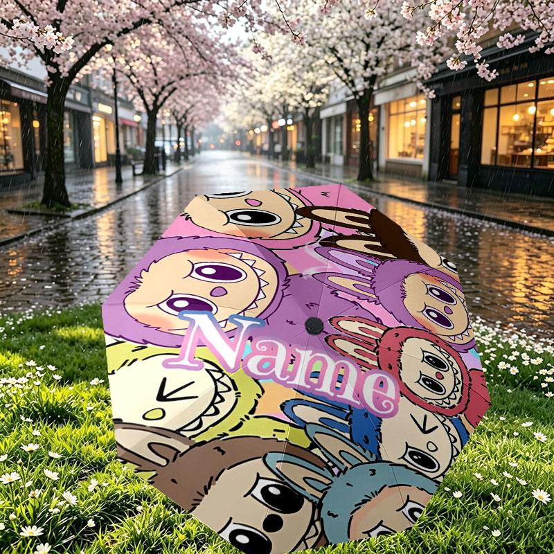 Custom Name Personalized Labubu Print Umbrella, Auto Open Close, 8‑Rib Sturdy Frame, Commute Camping Hiking Use, Birthday Gift