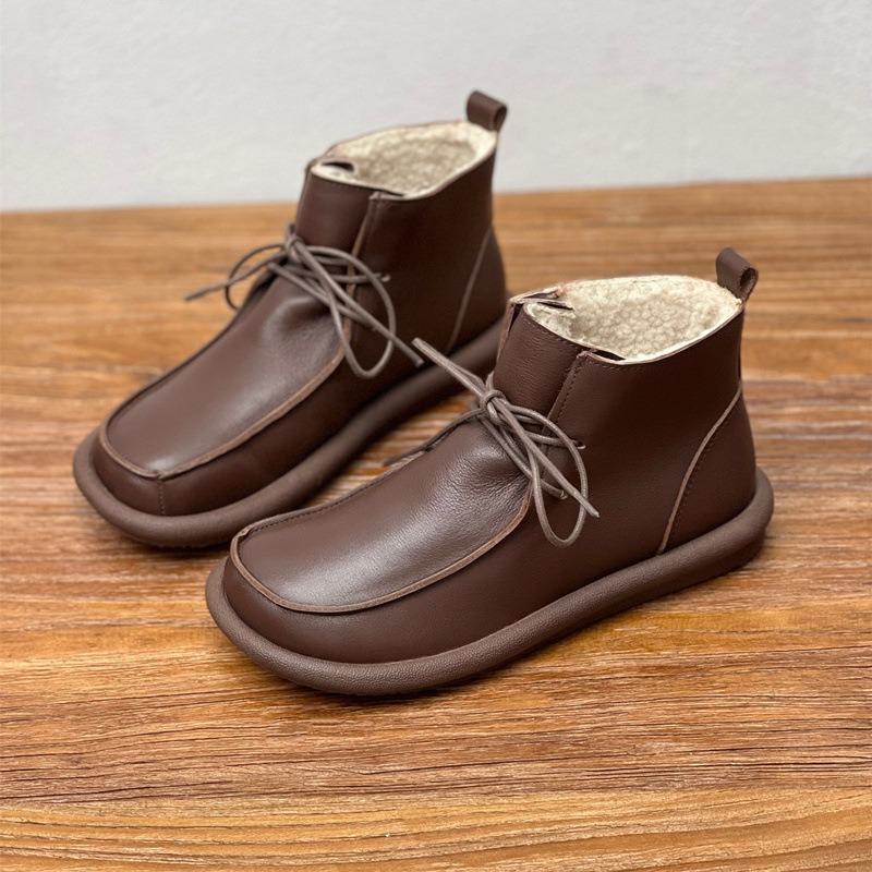 Echte Lederstiefel aus Baumwolle, handgefertigt, Vintage, runde Zehenpartie, flache Unterseite, warme Stiefel aus Rindsleder