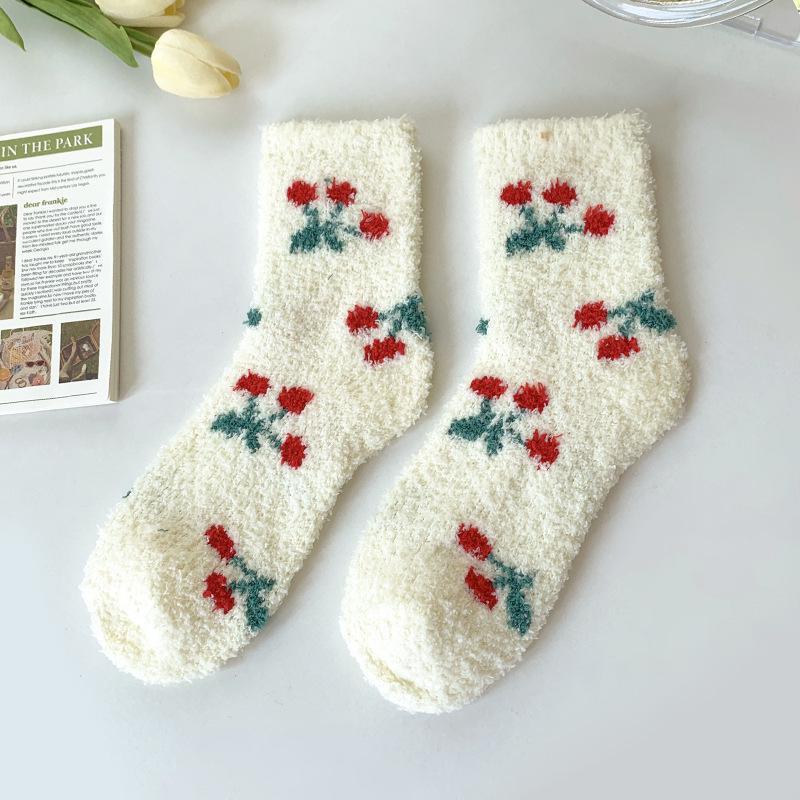 Women's Winter Coral Fleece Fruit Print Warm Sleep & Floor Socks