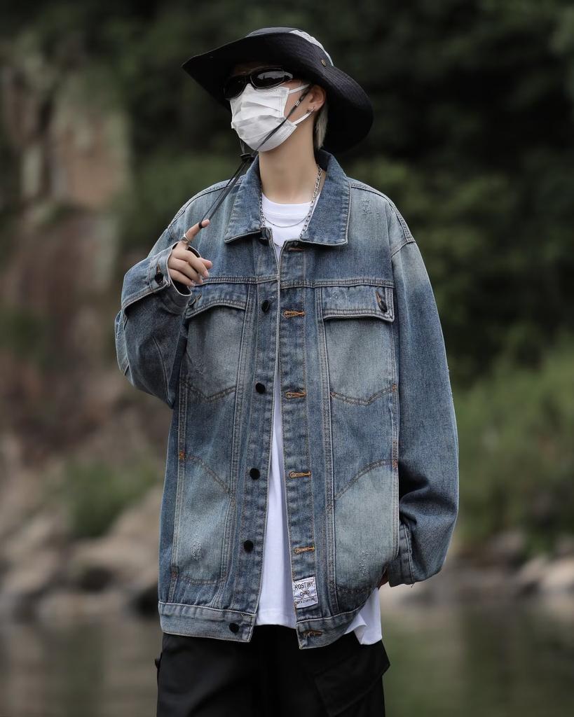 American Retro Denim Jacket Men'S Trendy Brand High Street Tooling Jacket Design Sense Loose Casual Ruffian Handsome Top