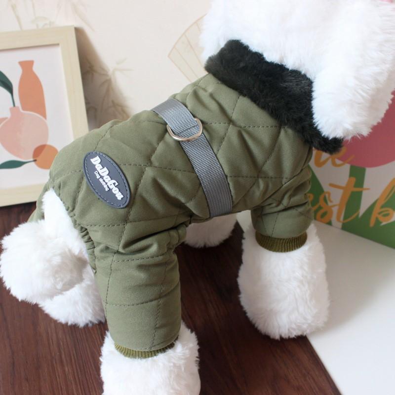 Warm Winter Dog Coat Teddy Bichon Frise - Quilted Cotton Jacket With Hood Leash Ring Four-Leg Design