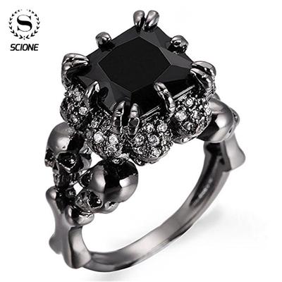LUXY MOON Unik unisex innlagt hodeskalle tredimensjonalt svart zirkon sølvring smykker for kvinner eller menn