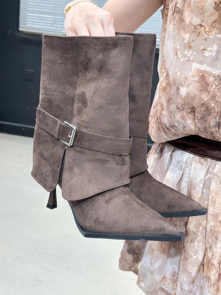 Wasteland wind pointed belt buckle high-heeled short boots autumn fine-heeled trouser tube boots suede short boots