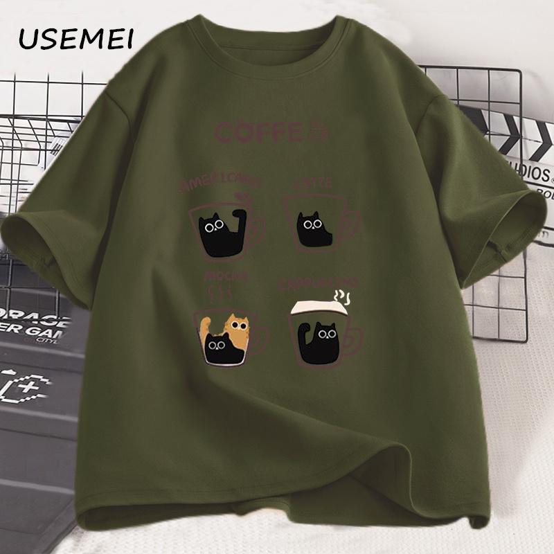 Cartoon Coffee Cat T-Shirts Men Women Summer Harajuku Kawaii Cat Printed Short Sleeve Tees Funny Streetwear Loose Clothes