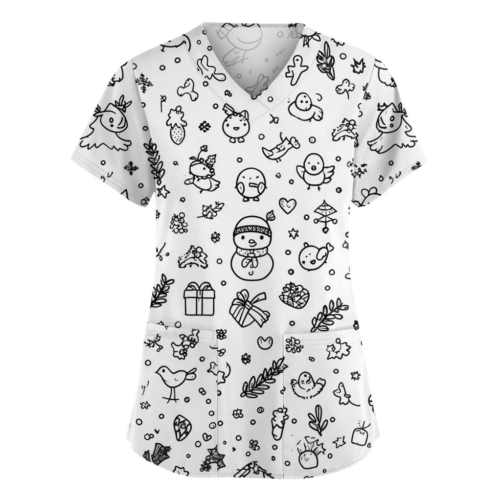 Damenmode V-Ausschnitt Kurzarm Overalls mit Taschen Print Tops Kleidung