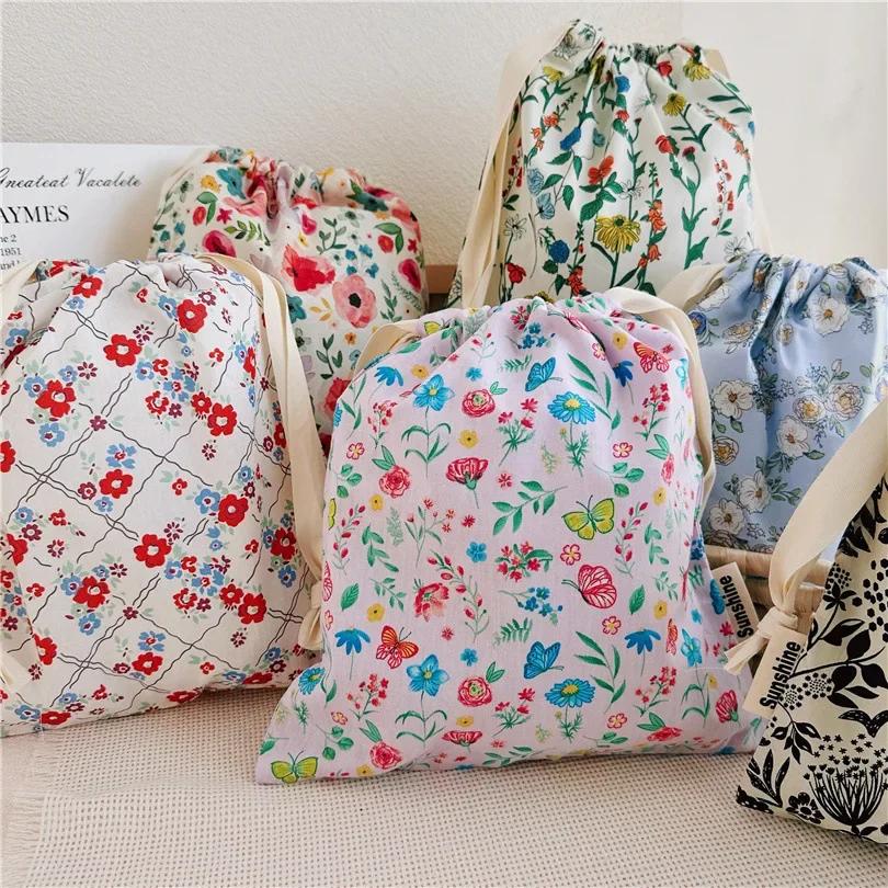 Portable Organizer for Underwear Socks Bra Cotton Makeup Bag Travel Drawstring Bags Ins Flower Print Clothes Cosmetic Bags