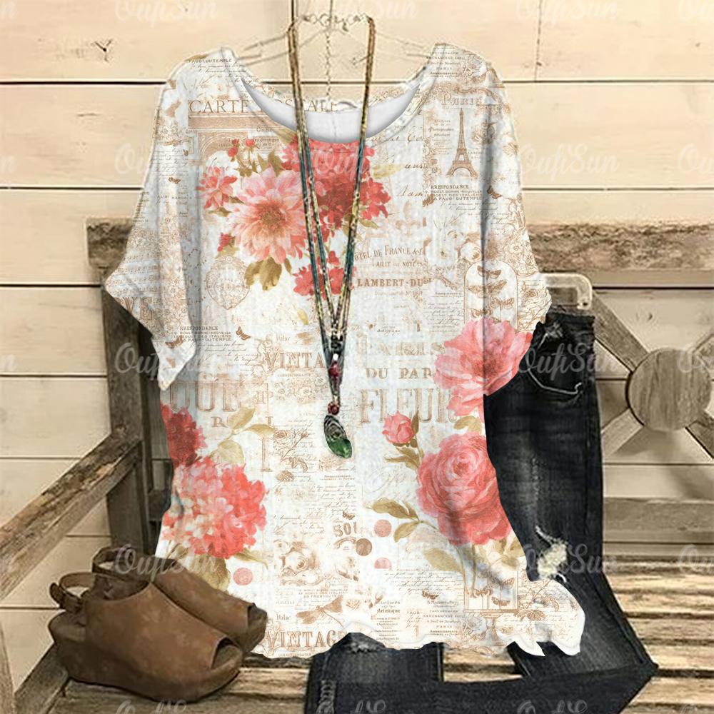 

Винтажная женская футболка с 3D-цветочным принтом, летняя рубашка с коротким рукавом и круглым вырезом, свободный женский топ, повседневный пуловер в стиле Харадзюку 4XL