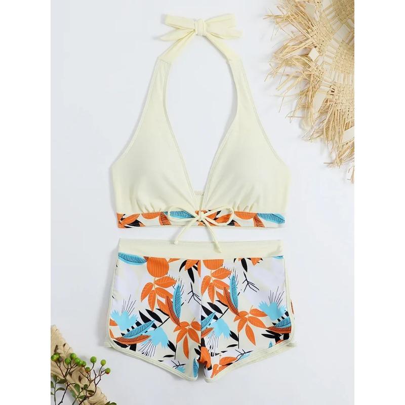 Fashion Printed Swimsuit Women Spliced Lace Up Sporty Surfing Bikini Set Bathing Suit Beachwear Swimwear Female Swimming Suits