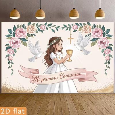 2D Mi Primera Comunion Celebration Background, Cross & Dove Decor