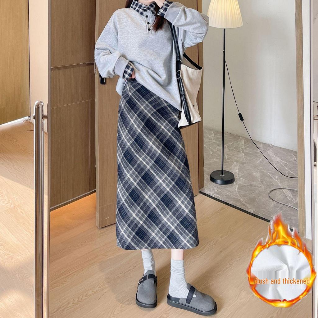 Autumn-Winter High Waist Wool Plaid A-Line Midi Skirt