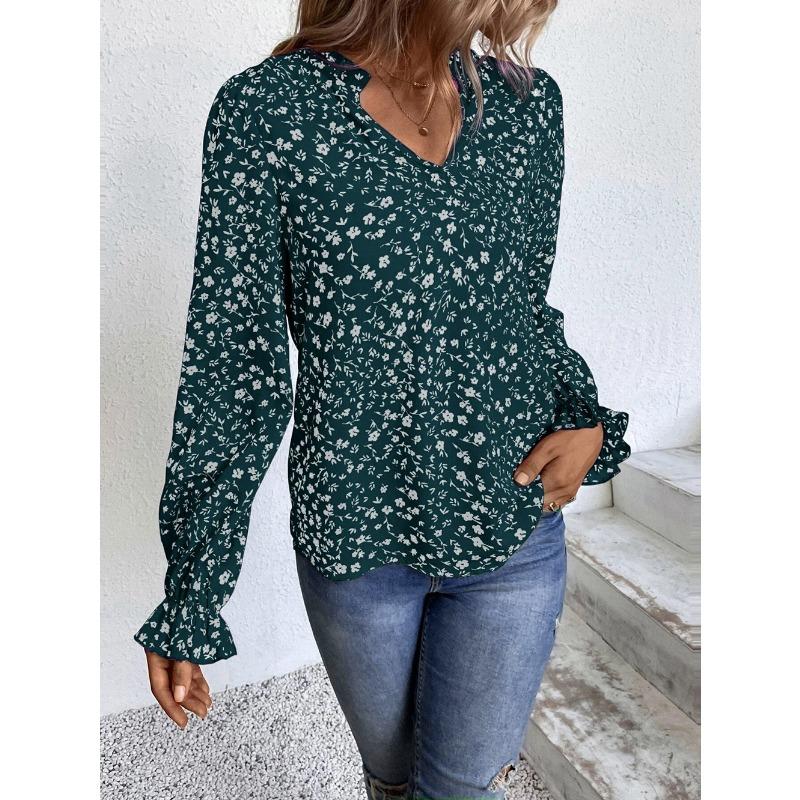 Podzimní dámská halenka s květinovým pulovrem, výstřihem do V, volánkovým, sladkým, potištěným tričkem s dlouhým rukávem