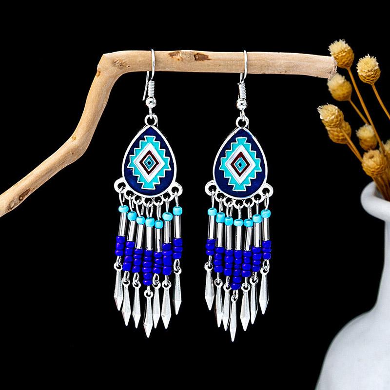 Vintage Ethnic Rice Bead Tassel Earrings for Women Small Simple Boho Drop Oil Silver Earrings Vacation Daily Jewelry
