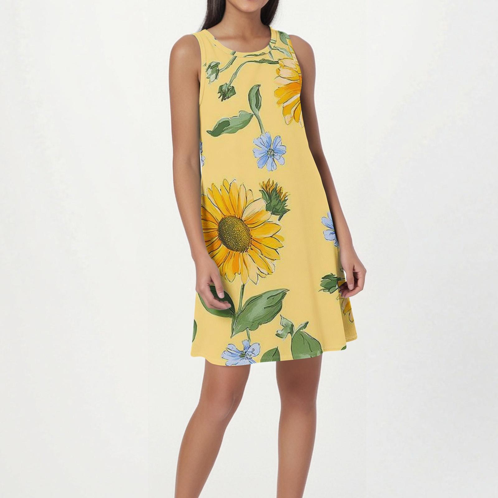 Women s Fashion Beach Dress Sleeveless Round Neck Floral Print Dress L