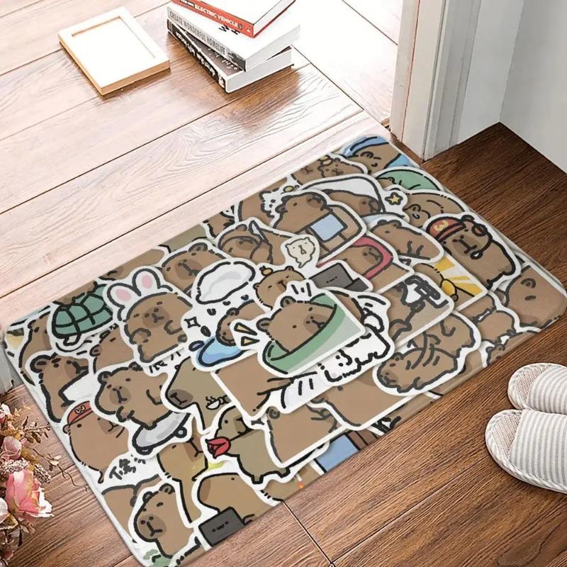 Adorable Capybara Themed Door Mat Anti-slip Entrance Rug with Boba Drinking Animal Pattern for Unique Home Decoration
