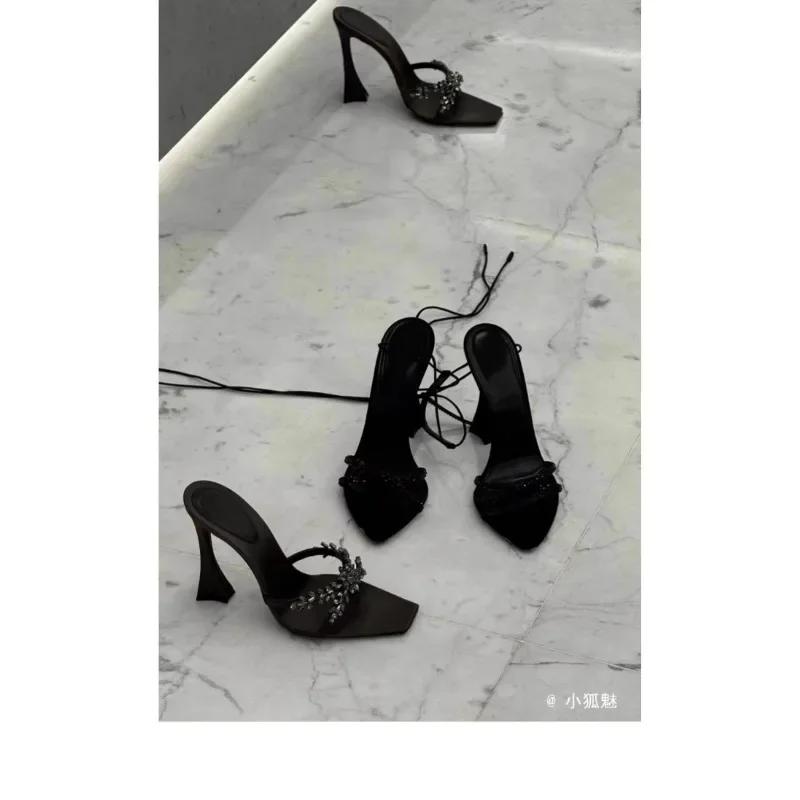 Summer Women's High Heel Sandals Cross Rhinestone Square Head Open Toe Sandals Silk Sexy Stiletto High Heels Mules