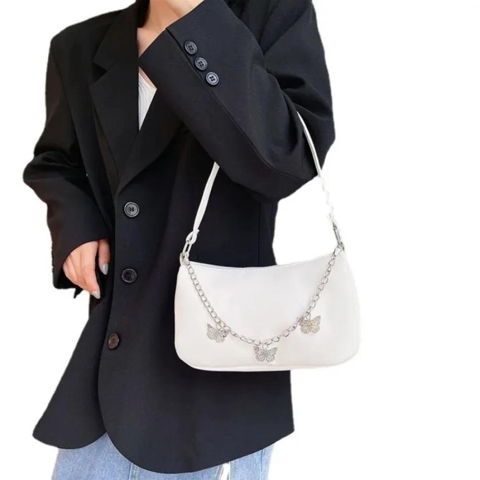 1 Pcs Women Butterfly Chain Shoulder Underarm Bags Casual Ladies Pure Color Small Purses Handbags Elegant PU Leather Bags