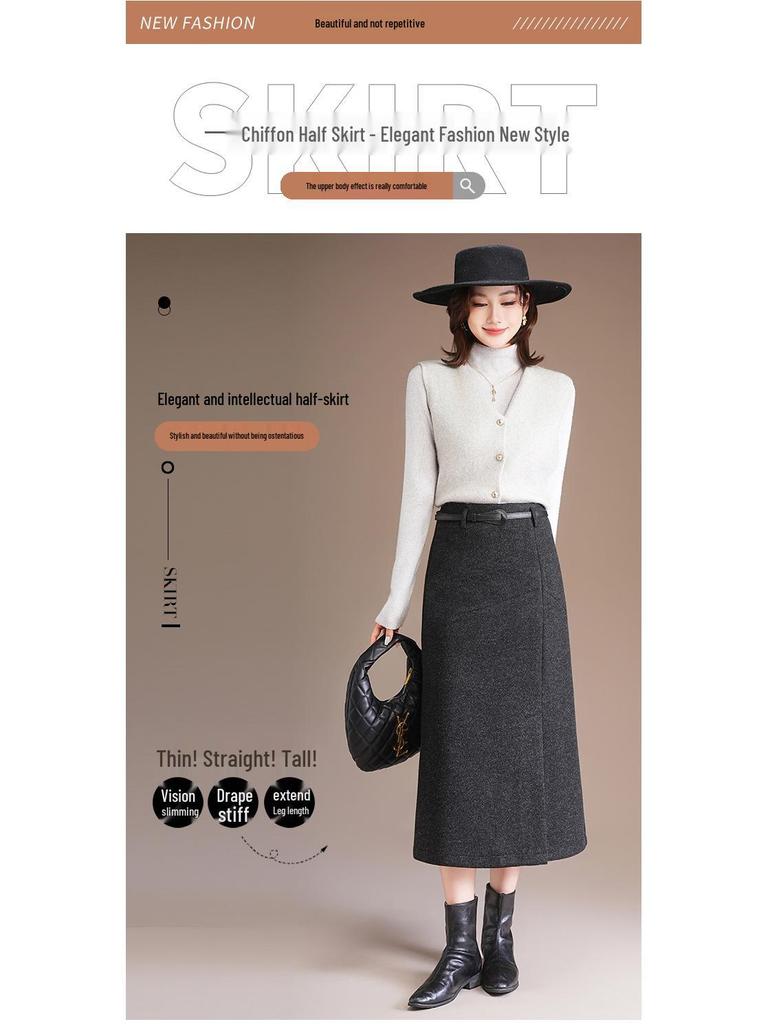 Damen Midirock in A-Linie aus dicker Wolle, Grau - Winterstyle 2025, Stilvoller Schlitz