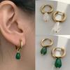 Vintage Transparent Green Natural Stones Teardrop Dangle Earrings for Women Simple Stainless Steel 18K Gold Plated Hoops Huggies