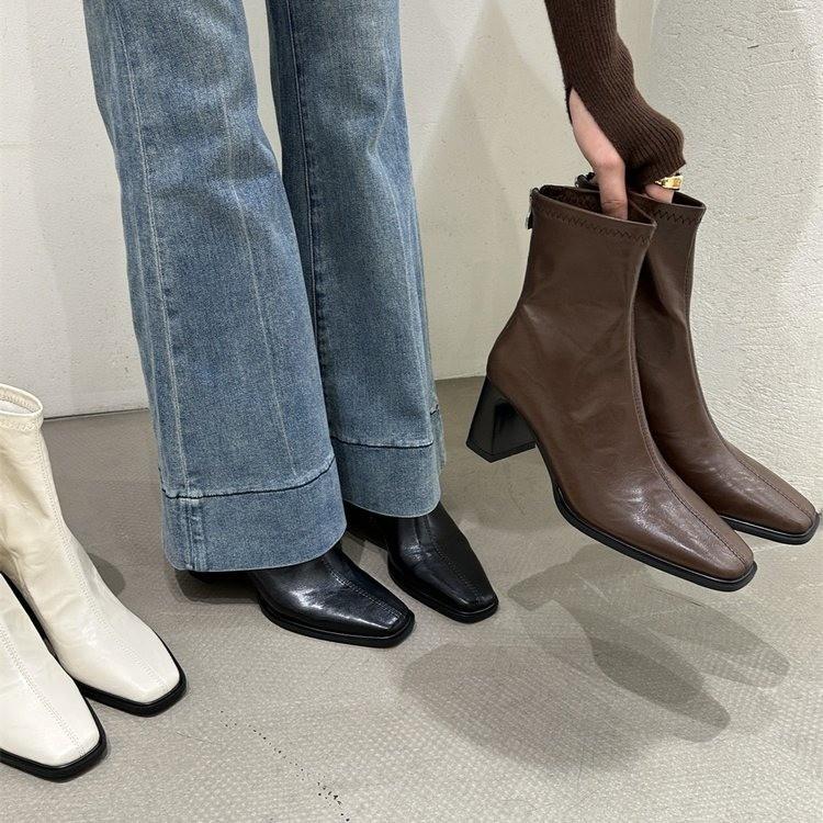 High-heeled Short Boots Women's 2025 Autumn and Winter New French Retro Square Head Thin Boots Versatile Thick-heeled Martin Boots Women's Single Boo