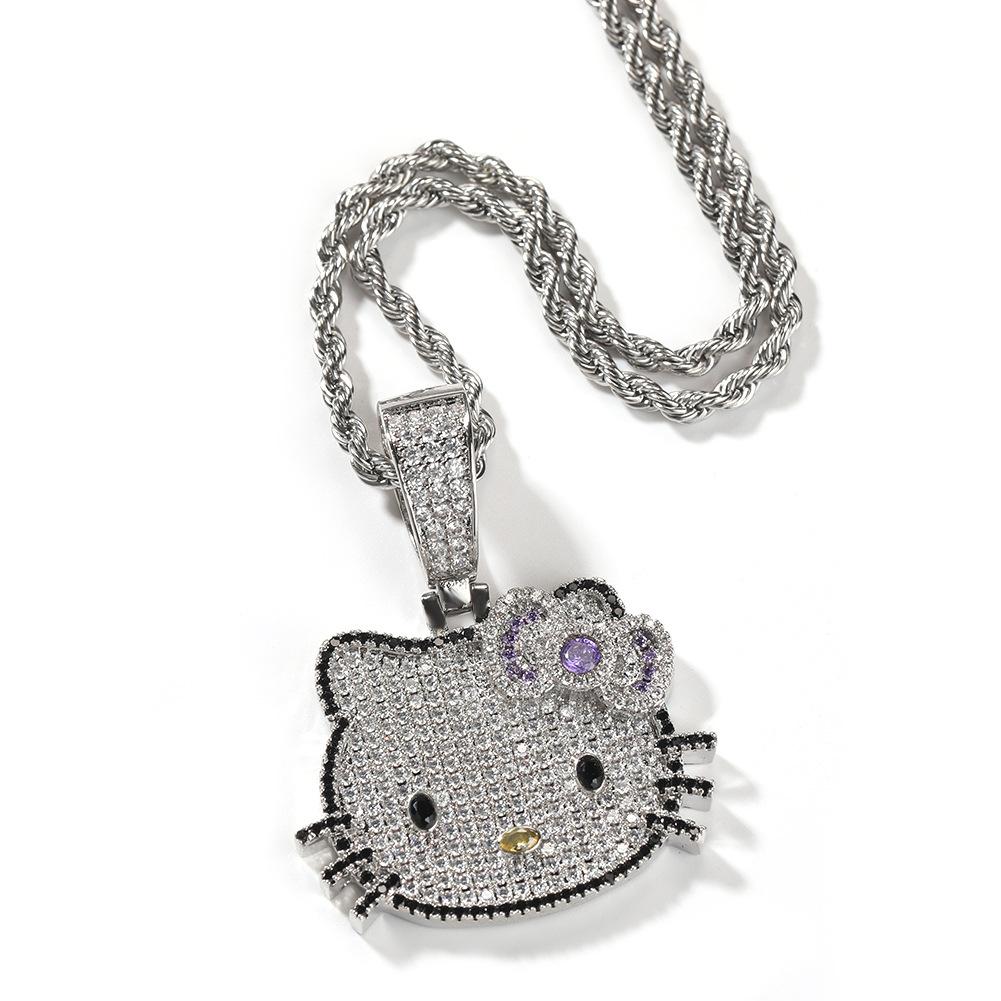 Fashion Sweet Hip Hop Jewelry Small Size Bling CZ Iced Out 5A Zircon Cute Cartoon Cat Pendant Necklace for Women Gift