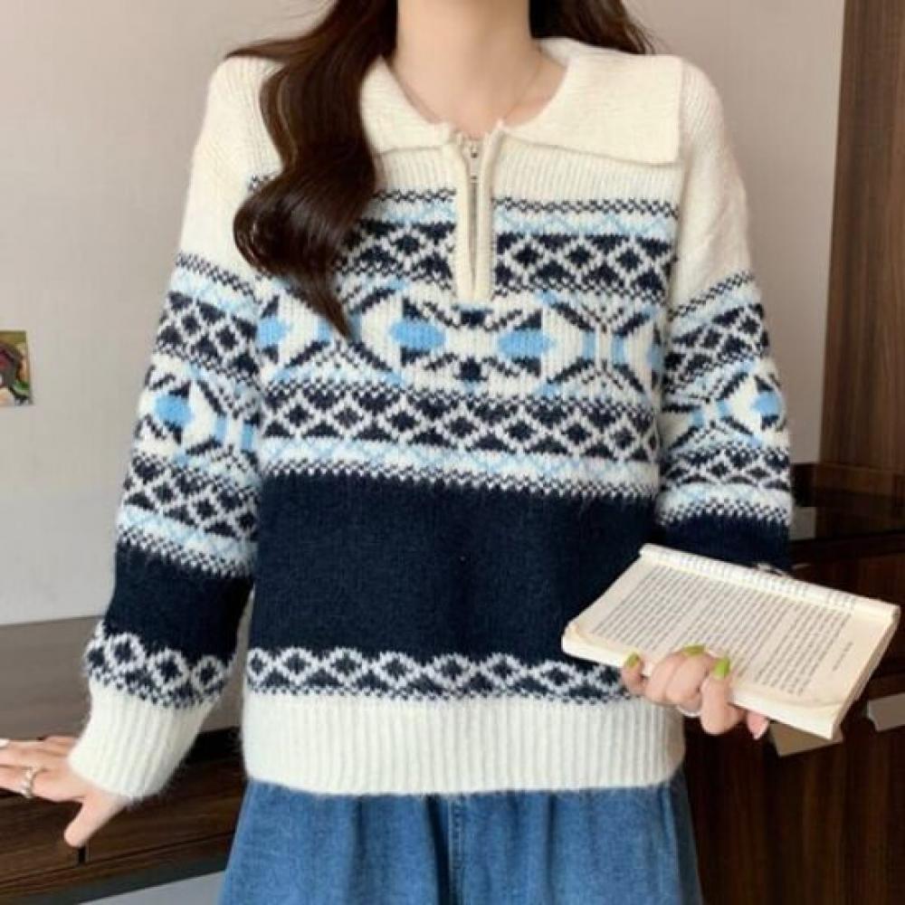 Navava Nordic Pattern Half Zip Collar Long Sleeve Knit Sweater Nk3524