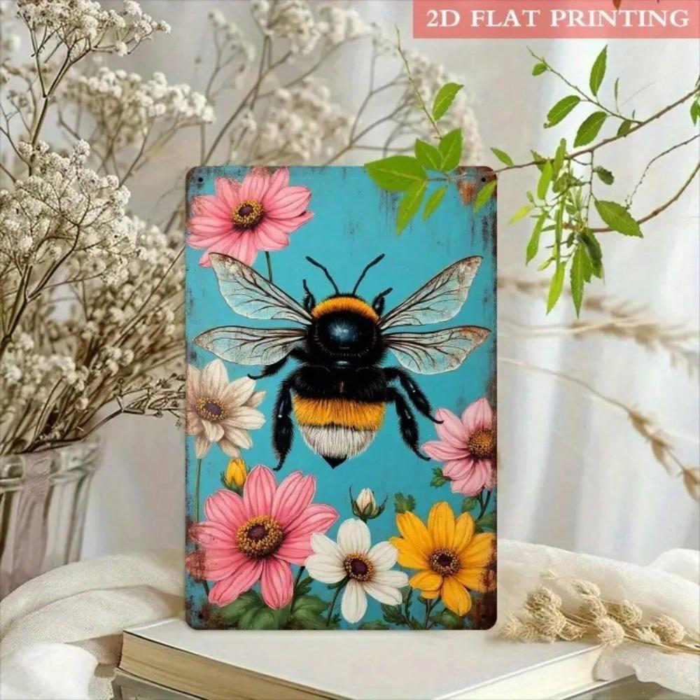 2D Retro Metal Foil Sign, Vintage Bees & Floral Wall Art, Turquoise & Pink Rustic Cottage Decor, Country Bee Design