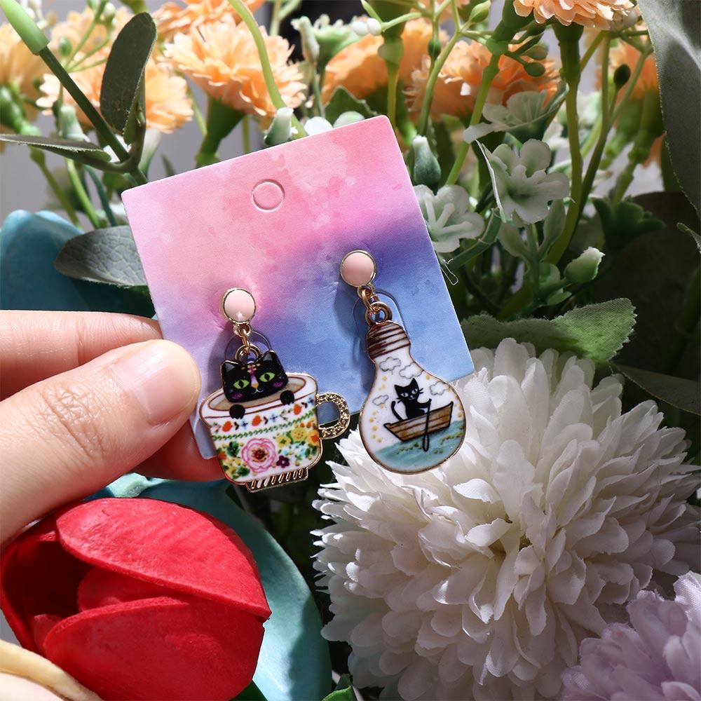 Fashion Asymmetric Cute Enamel Zinc Zinc Alloy Stud Earrings Animals pendants earrings Cup Cat Light Bulb Cat