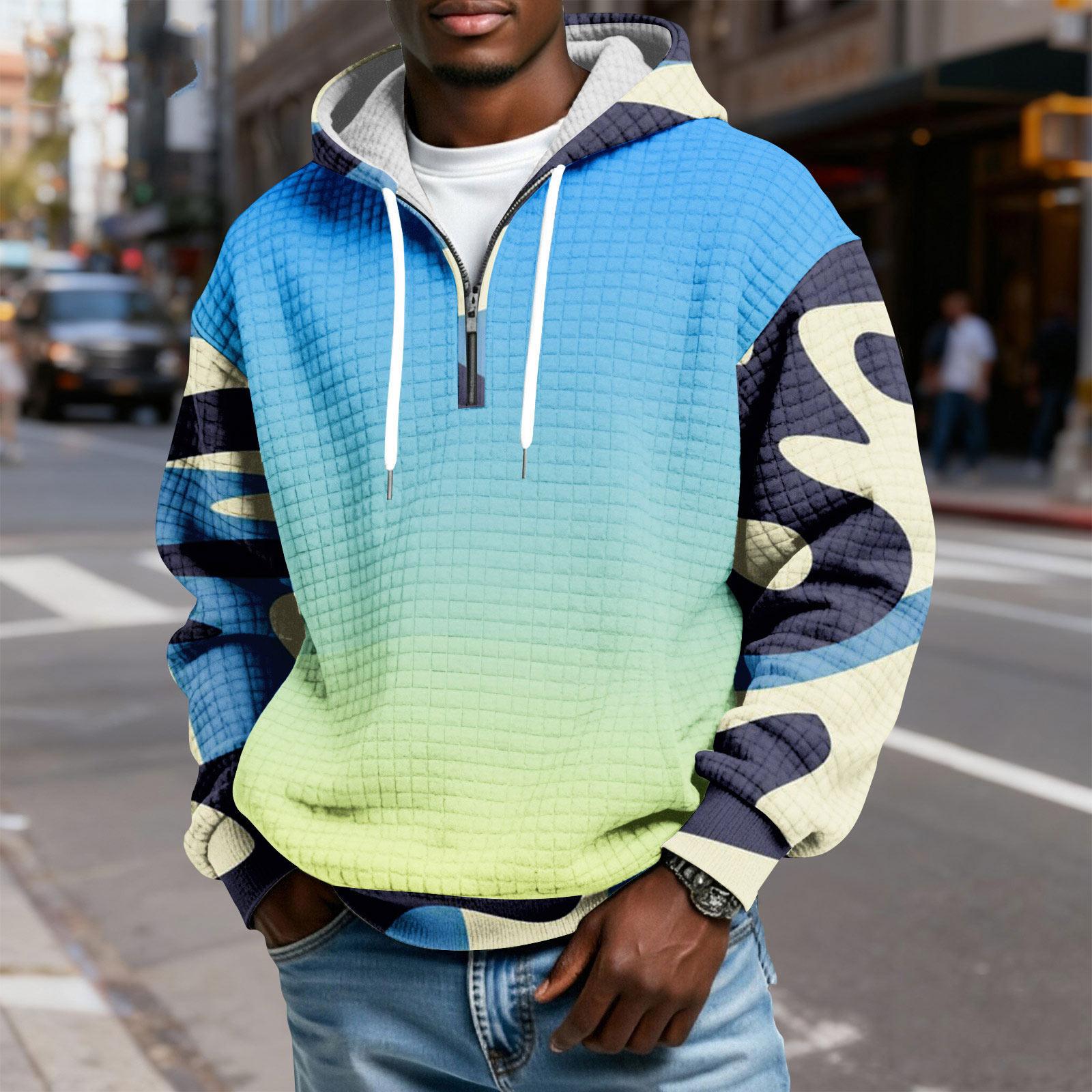 Мужской худи-пуловер в клетку с капюшоном на молнии до середины со шнурком и принтом повседневная спортивная толстовка S синий 2290₽