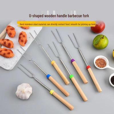 ZISIZ Wooden Handle Retractable BBQ Roasting Forks