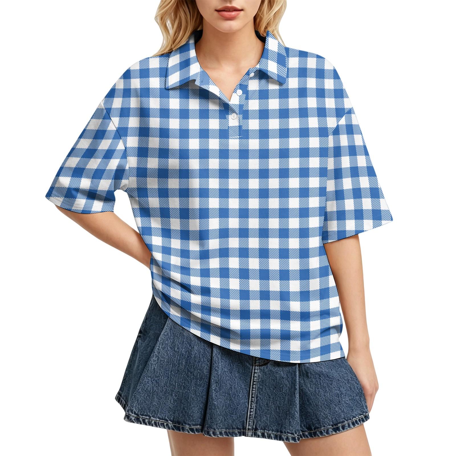 

Women Casual Polo Shirt Loose Fit Short Sleeve Button Down Collar Checkered Pattern Lightweight Top for Daily Wear XL синий