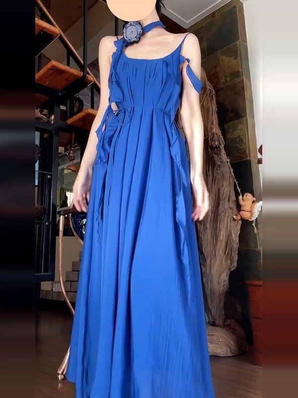 Elegant Blue Spaghetti Strap Halter Neck Maxi Dress for Women - 2026 Summer Resort Collection, Sanya