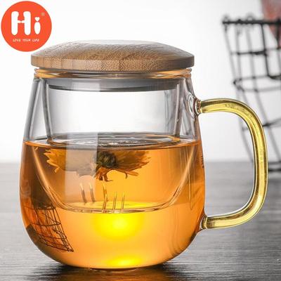 Hi Creative Glass Tea Infuser Cup With Transparent Filter Handle Bamboo Lid Heat-resistant Flower Teacup Office Tea Mug Drinkware