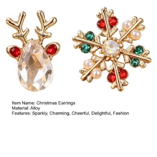 Lightweight Festive Earring Set 1 Pair Christmas Stud Earrings, Sparkling Faux Crystal Elk Antlers Holiday Party Accessories And Snowflake Colorful