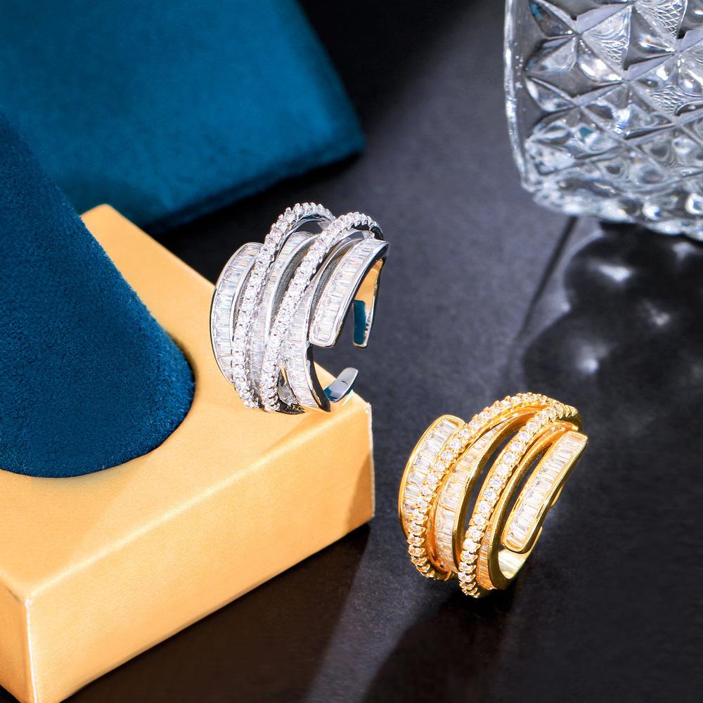 Light Luxury High-End Design Zircon Ring Winding Irregular Opening Women'S Ring Jewelry