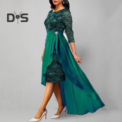 2 Pcs/Set Women Prom Dress Skirt Set Hollow Out Lace Ruffle Hem High Waist Round Neck Three Quarter Sleeve Ankle Length Banquet Maxi Dress