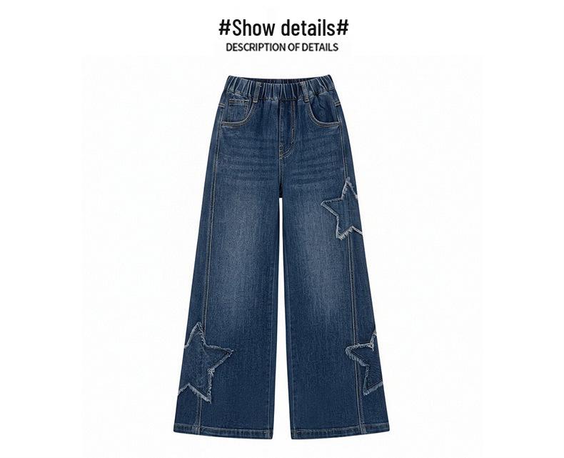 Girls' Star Appliqué Wide-Leg Denim Pants - Autumn 2026 Collection, Versatile Straight-Leg for Medium and Large Children